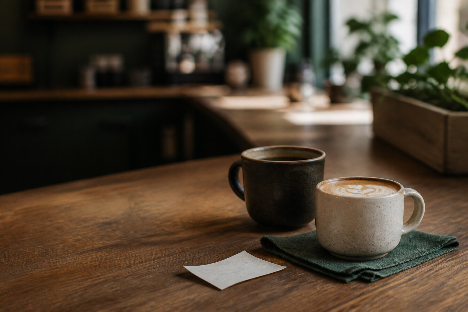 Spanish latte and long black on a warm wooden table