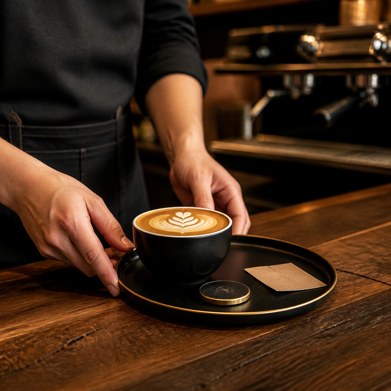 A barista serving a latte on a black tray with a gold edge